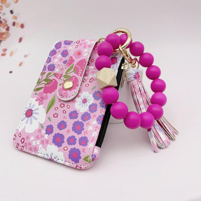 Boho Style Beaded & Tassel Decorated Keychain with Flower Pattern Wallet