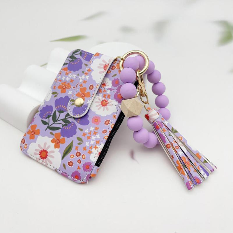 Boho Style Beaded & Tassel Decorated Keychain with Flower Pattern Wallet