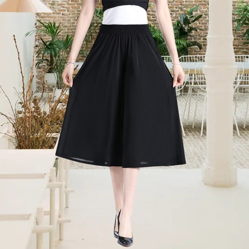 Women's High Elastic Waist Pleated Chiffon Wide Leg Culottes