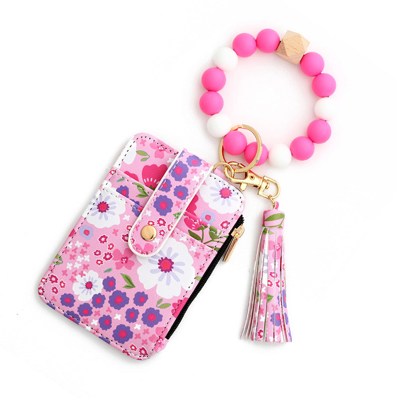 Boho Style Beaded & Tassel Decorated Keychain with Flower Pattern Wallet