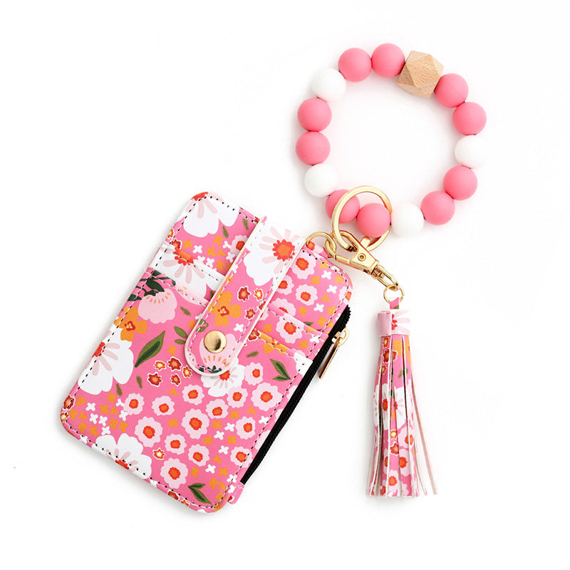 Boho Style Beaded & Tassel Decorated Keychain with Flower Pattern Wallet