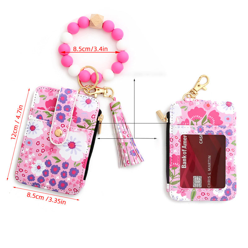 Boho Style Beaded & Tassel Decorated Keychain with Flower Pattern Wallet