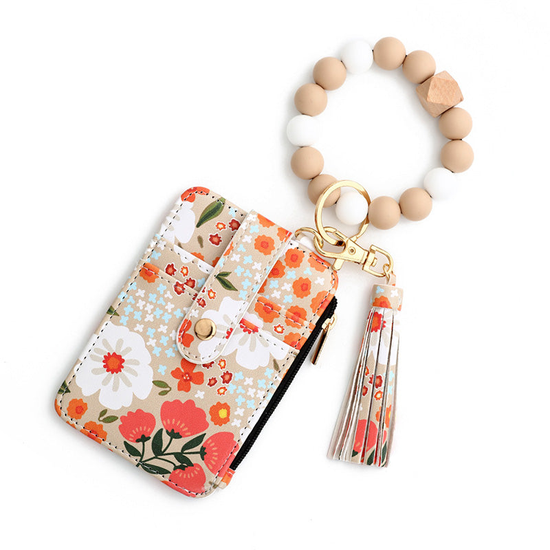 Boho Style Beaded & Tassel Decorated Keychain with Flower Pattern Wallet