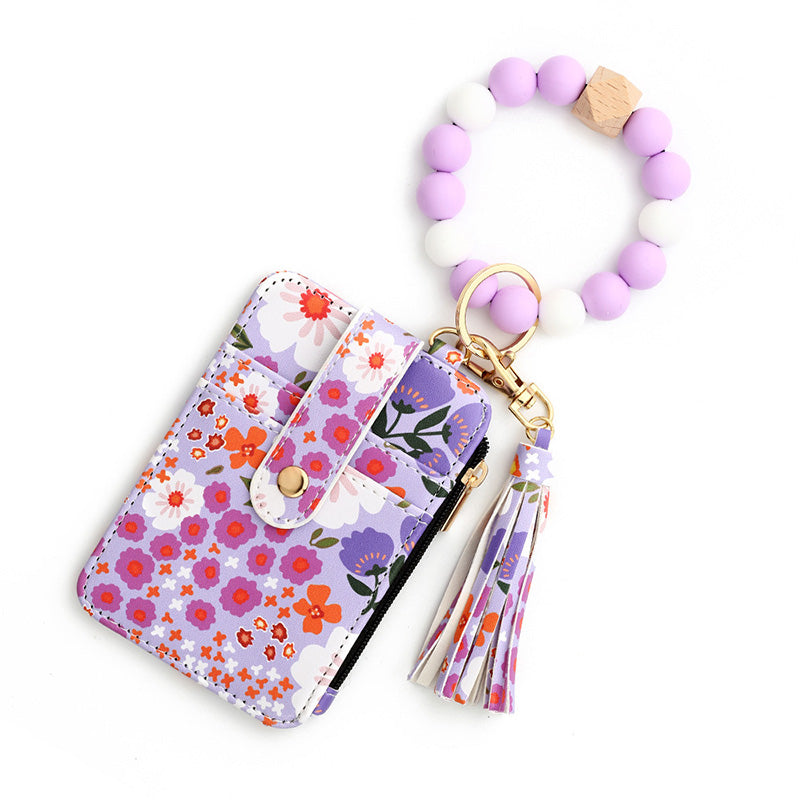 Boho Style Beaded & Tassel Decorated Keychain with Flower Pattern Wallet