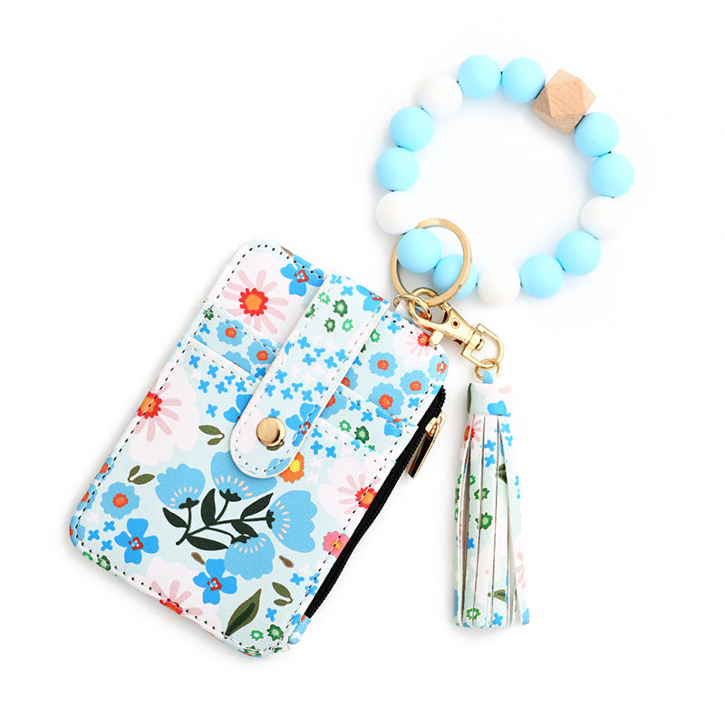 Boho Style Beaded & Tassel Decorated Keychain with Flower Pattern Wallet