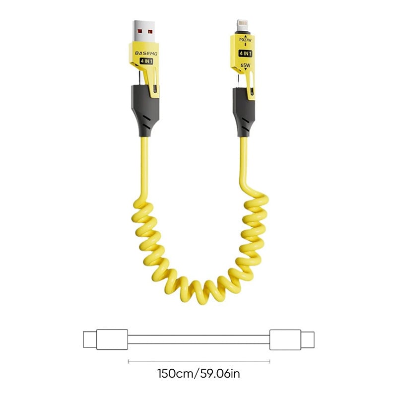 Spring retractable 4 in 1 65w fast charging data cable