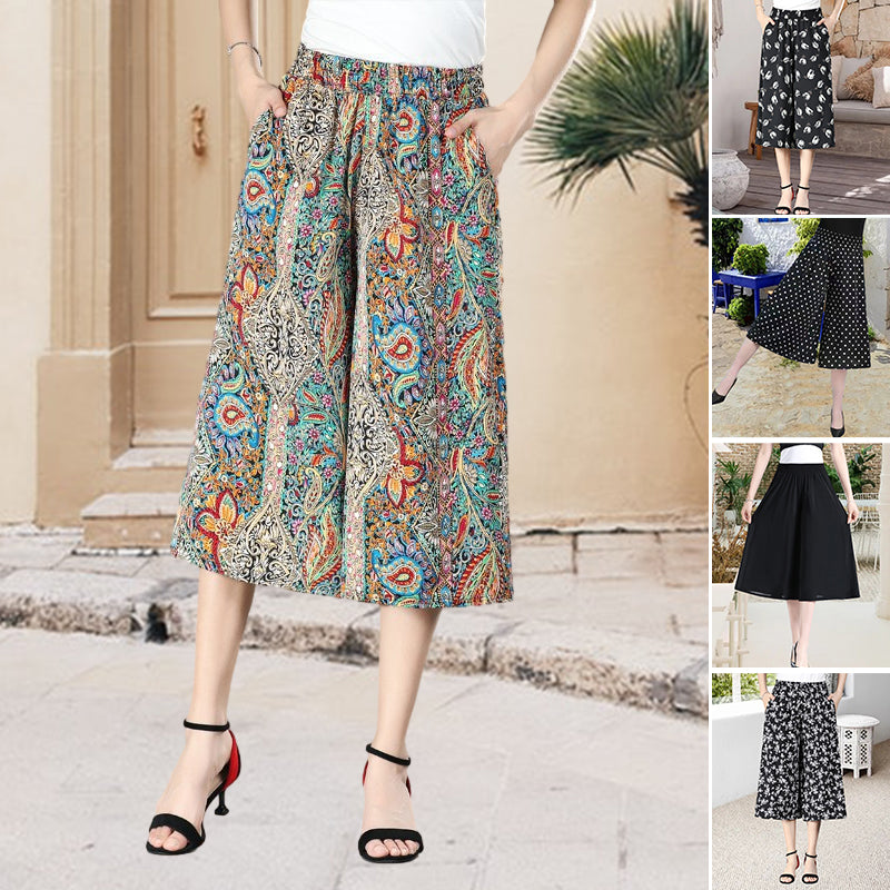 Women's High Elastic Waist Pleated Chiffon Wide Leg Culottes