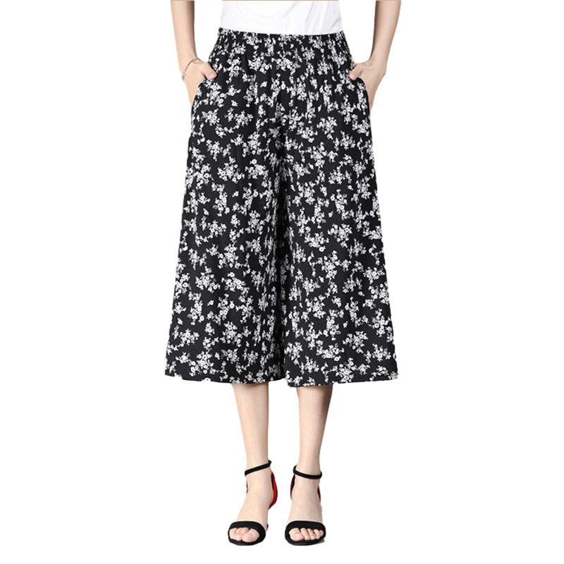 Women's High Elastic Waist Pleated Chiffon Wide Leg Culottes