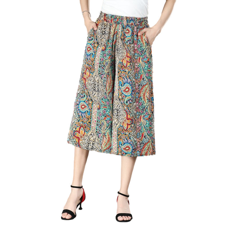 Women's High Elastic Waist Pleated Chiffon Wide Leg Culottes