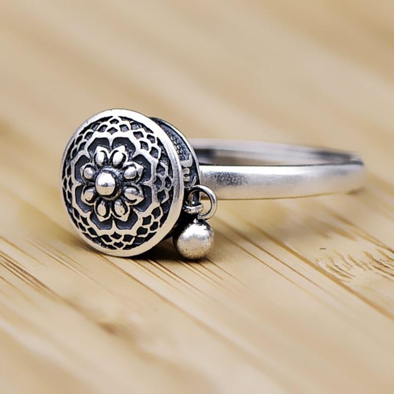 Buddhist Tibetan Prayer Wheel Ring OM Mantra Lotus Floral Ring